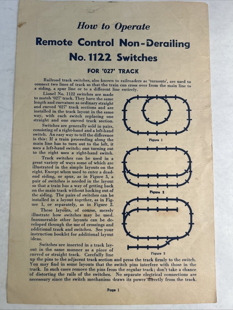 LIONEL How To Operate #1122 Remote Switch Instruction Sheet - O27 - 1952