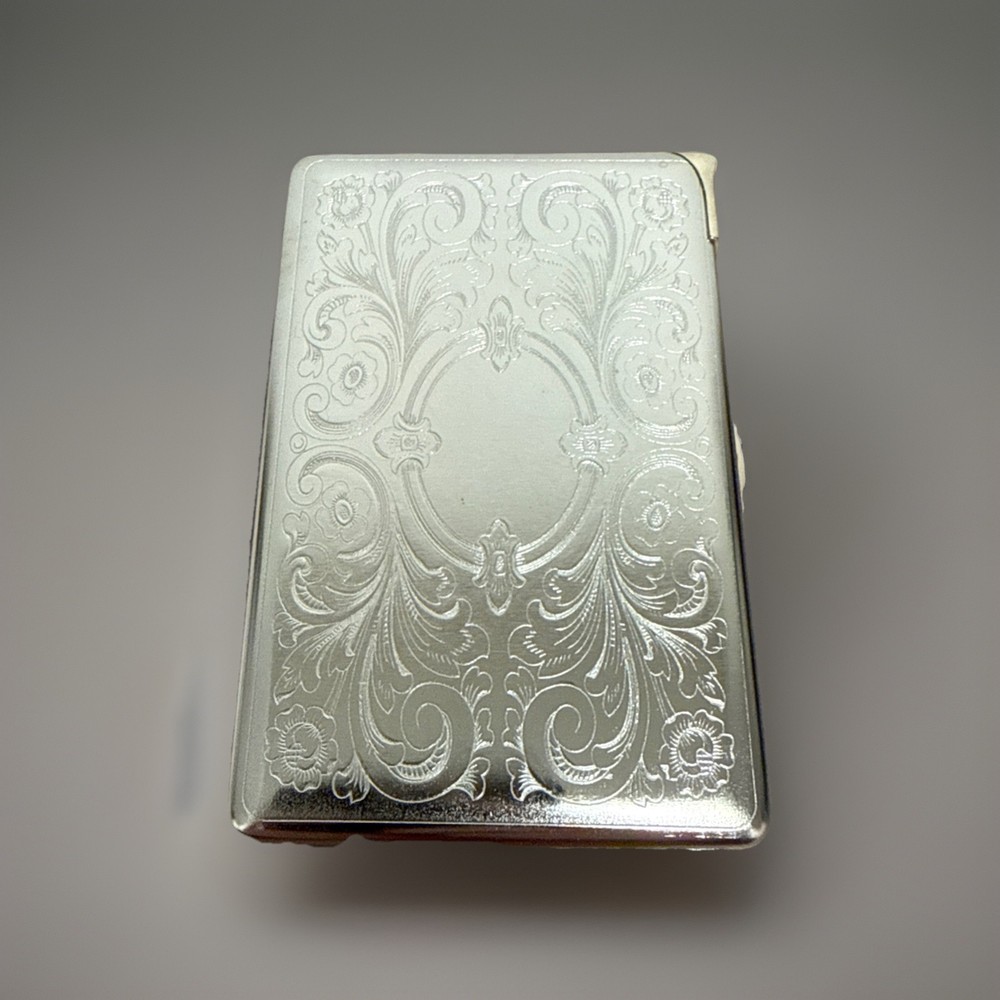 Etched Design Silver Cigarette Case with Built in Lighter Metal Wallet D1