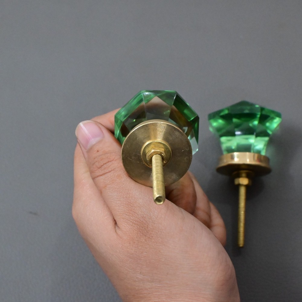 Vintage green victorian diamond cut glass drawer knob handle pull set 2PC
