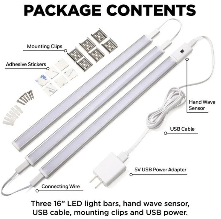 Hyper Tough 3-Pack 16-Inch Under Cabinet Lights Hand Wave Sensor Dimmable