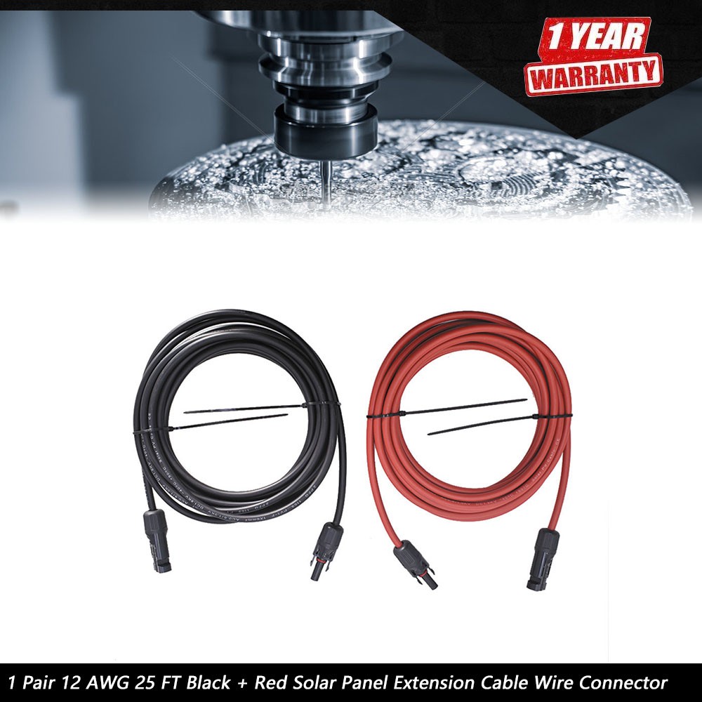 1 Pair Black + Red 25 Feet Solar Panel 12AWG Extension Cable Wire Connector