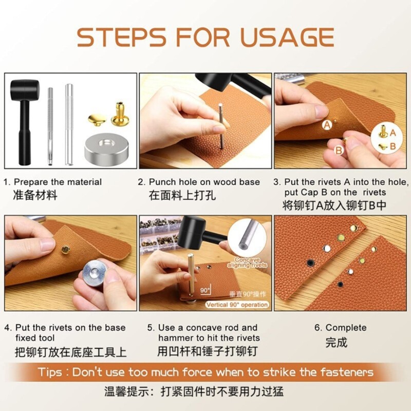 480 Set 4 Color Leather Rivets, Double Caps Rivets with Hammer