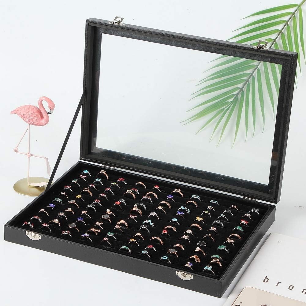 Ring Display Case Organizer Box with Clear Lid 100 Slot Black