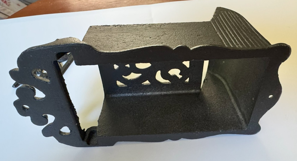 Vintage Blk Cast Iron Matchbox Holder & Lid Wall Mount Side Striker Scroll Deco