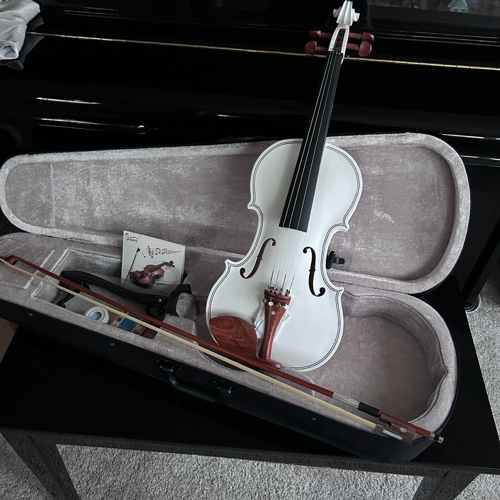 White Full-Size 4/4 Solid Wood Violin Package with Case, Bow, Rosin, and More