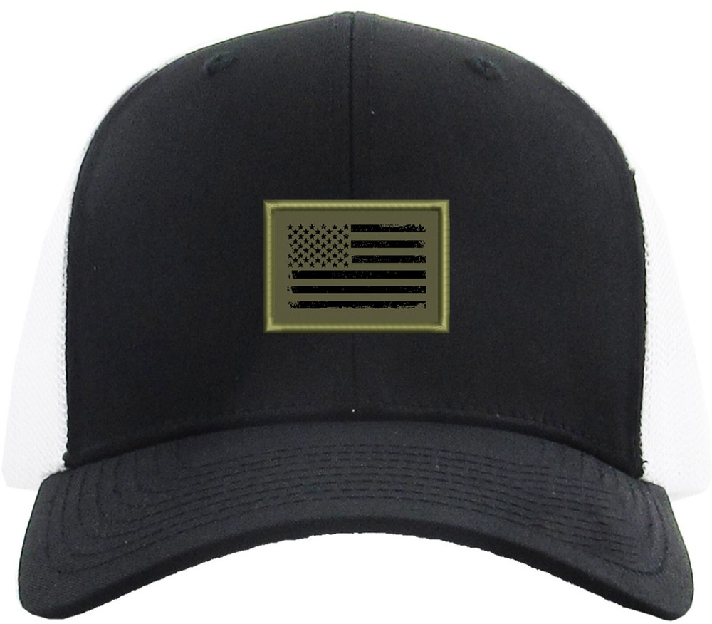 American Flag Patch Olive Green Trucker Mesh Snapback Black/White