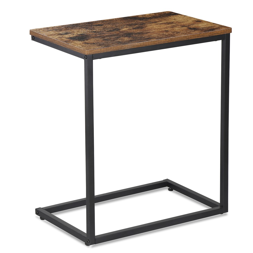 C Shaped End Table 2PCS Rustic Brown Side Table Bedside Table with Metal Frame