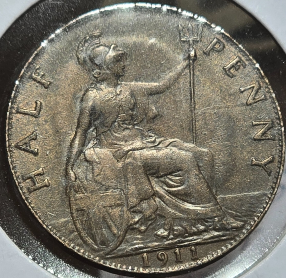 1911 UK 1/2 Penny - High-Grade (XF) & *GHOSTING Mint Error* on Reverse! RARE!
