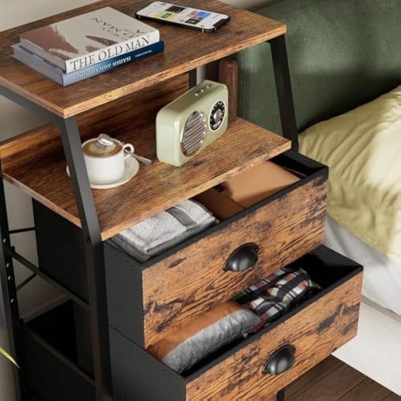 Multi-Functional Nightstand Storage Table W/ Double Layer Shelf & Fabric Drawers