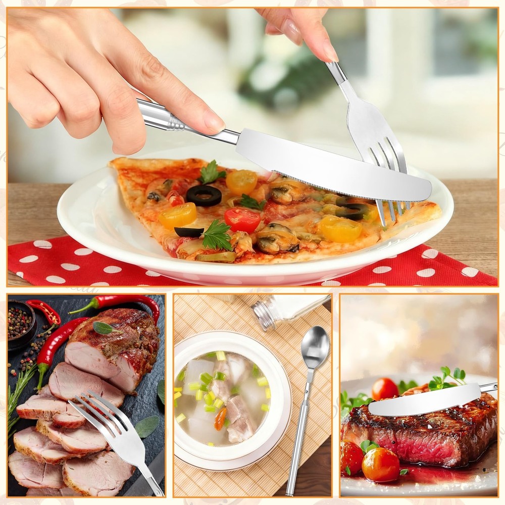 3 Pcs Extendable Fork, Knife and Spoon Set Stainless Steel Telescopic Tableware