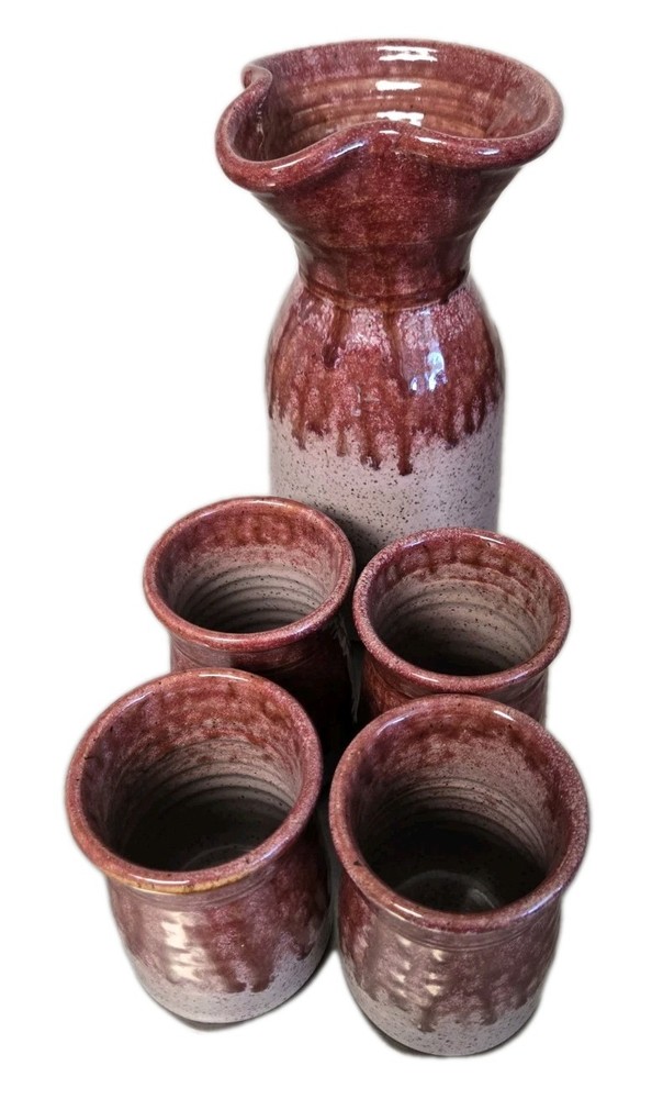 Art Pottery Decanter Set Blood Red Drip Glazed signed