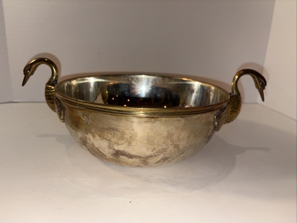 Antique Solid Brass Silverplate Large Bowl With Duck Handles