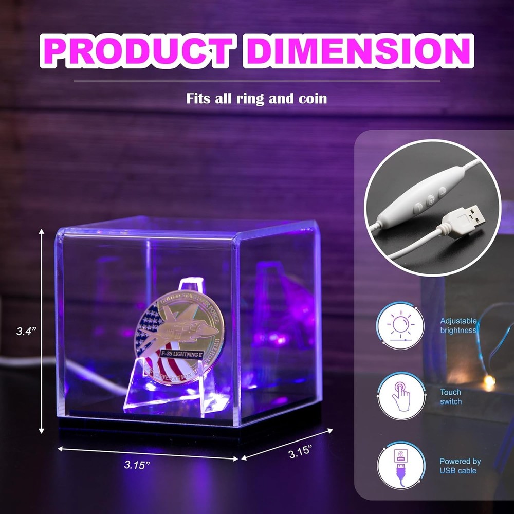 Championship Ring Display Case with Led Light, Uv-Protected Clear Challenge Coin