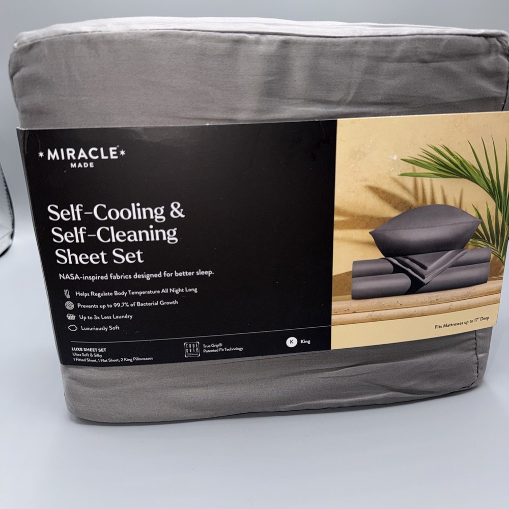 Miracle Made Sheet Set KING Luxe Self-Cooling Self-Cleaning Stone Grey- NWT