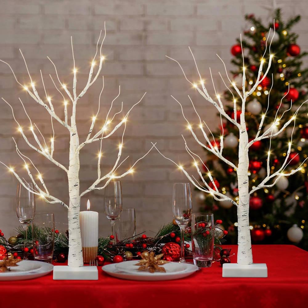 2 Pack 2 FT Lighted Birch Trees for Indoor Christmas and Holiday Decor