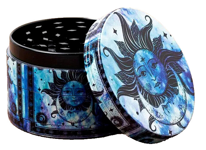 Creative Pattern Sun & Moon Herb Grinder, 2.5 inch, 4-Piece, Storage & Scraper
