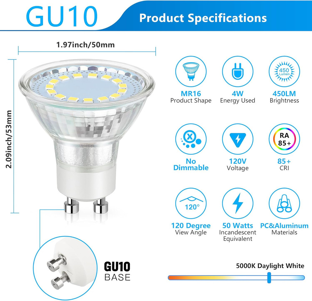 GU10 LED Light Bulb, 50 Watt Halogen Equivalent, Daylight White 5000K 450LM Non-