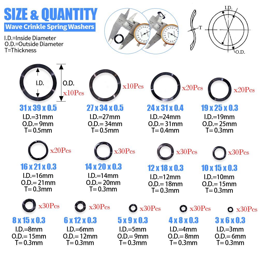 Glarks 320Pcs Carbon Steel Compression Type Wavy Wave Crinkle Spring Washers...