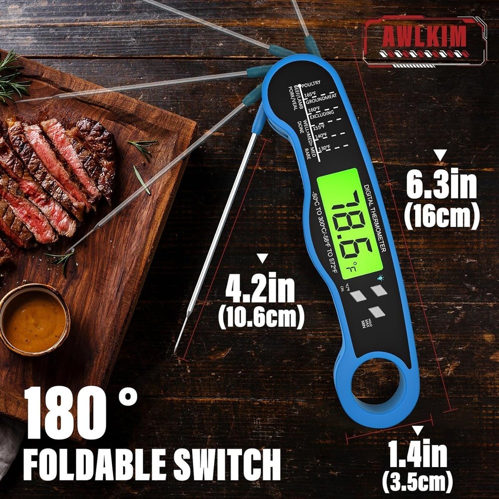 Blue Waterproof Digital Meat Thermometer with Fast Backlight Reading Feature