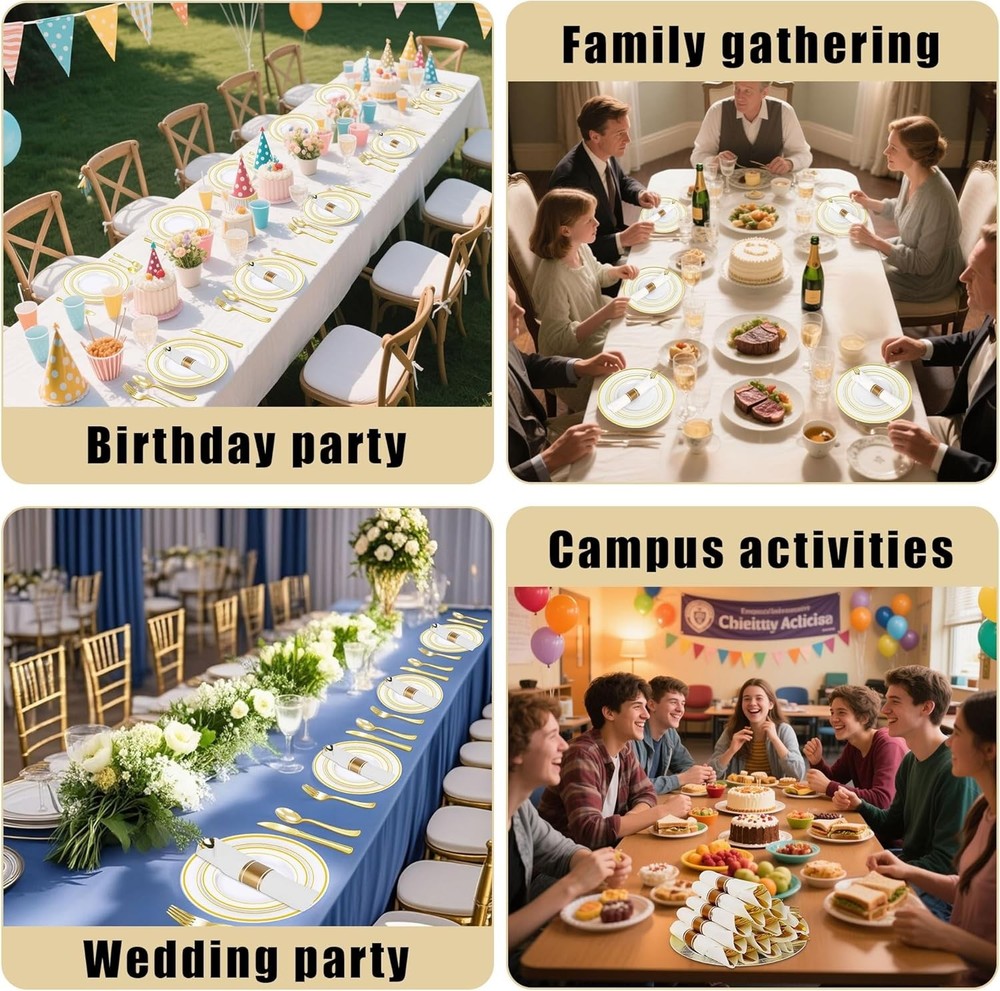 200PCS Disposable Pre-wrapped Silverware 50 Guests Elegant Gold Plastic