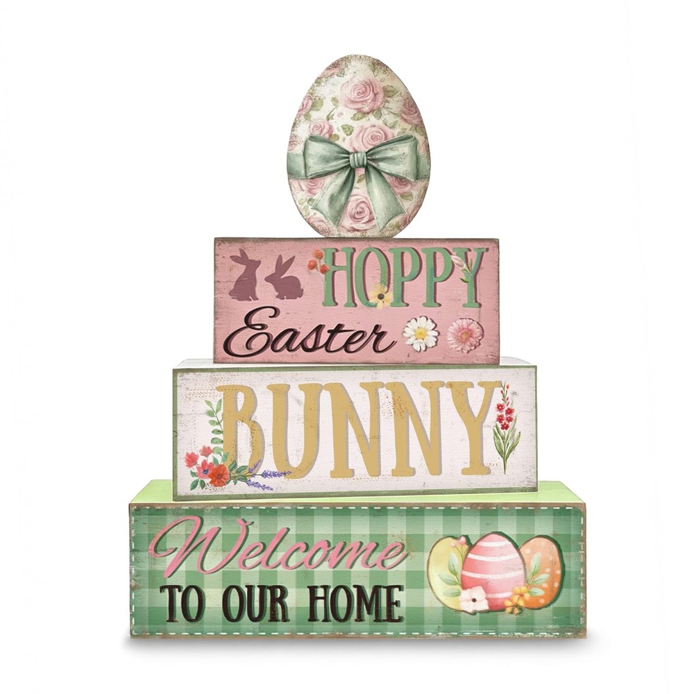 Easter Decorations, 4Pcs Wooden Easter Table Decorations, Easter Egg Tiered Tray