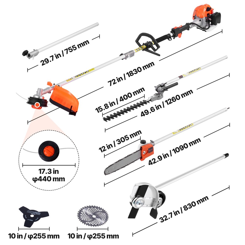 26cc Gas Hedge Trimmer, 7-in-1 Multi-Function w/ Pole Saw, Brus…