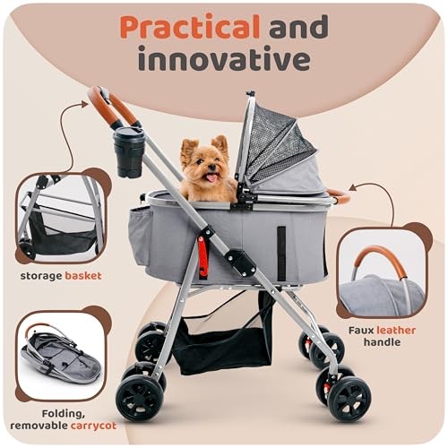 Pet Stroller for Small Medium Dogs & Cats – 2-in-1 Detachable Carrier,