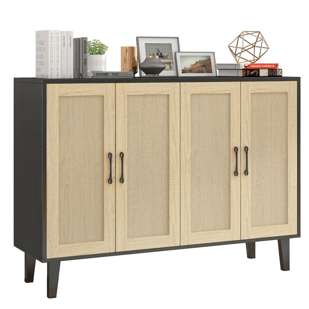 Buffet Storage Cabinet with Rattan Decorating 4 Doors Living Room Kitchen Sid...