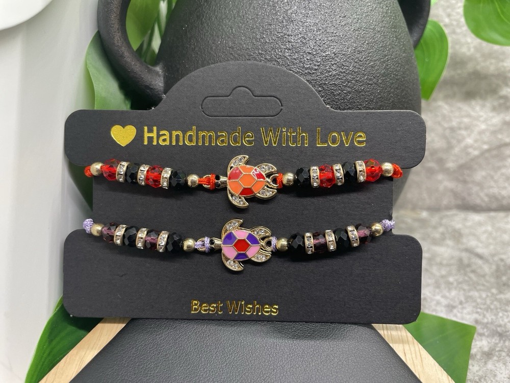 2 PC Handmade Beaded Boho Adjustable Tie Charm Bracelet Set Turtle B3994