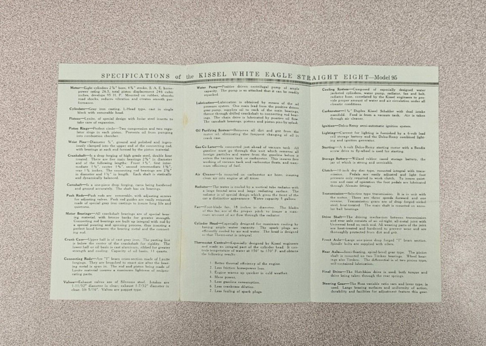1929 Kissel Specification Folder, Straight Eight Model 95