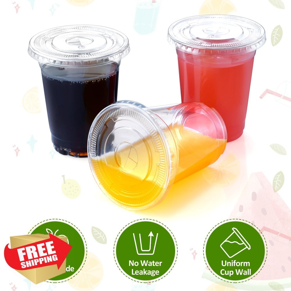 Eupako 12oz Plastic Cups with Flat Lids 100 Sets