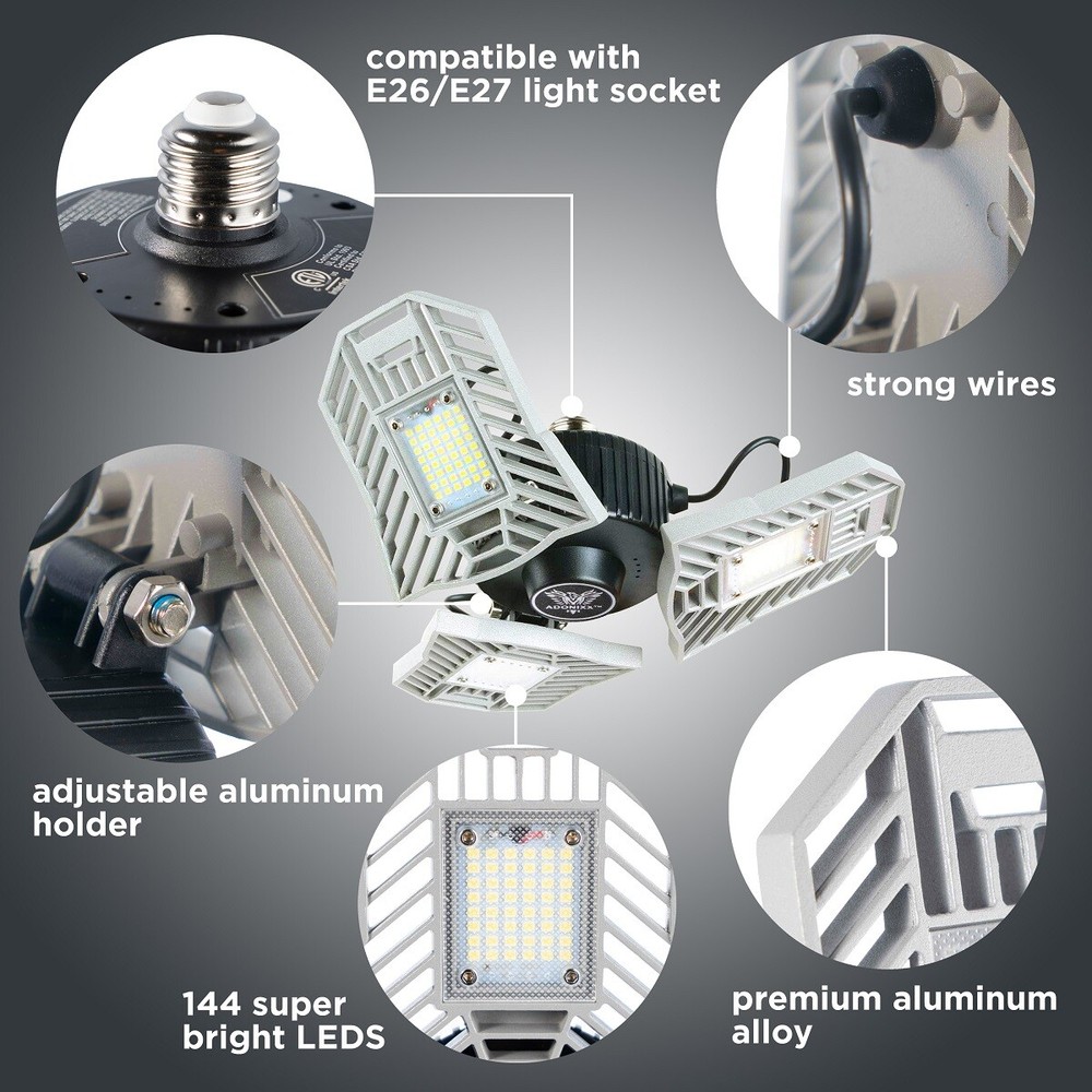 Adonixx LED Garage Light Bulb Deformable Ceiling Lights Workshop Shop Home Lamp