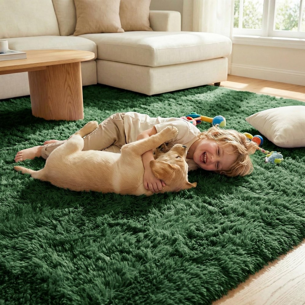 DweIke Fluffy Dark Green Rugs for Bedroom 4' x 6' (Rectangular),