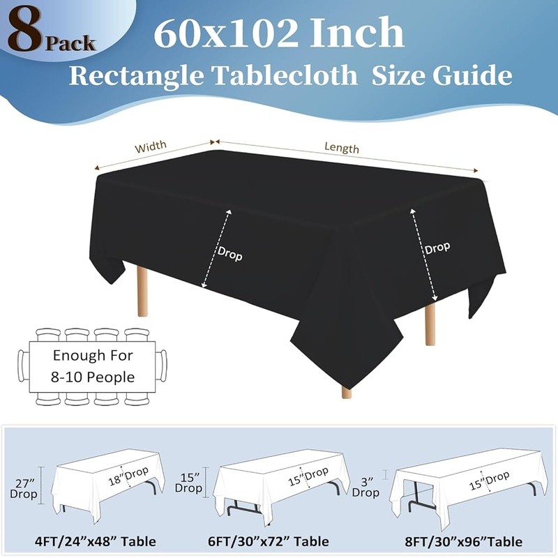 Black Tablecloths 8 Pack Rectangular Polyester Seamless Reusable Events Dining
