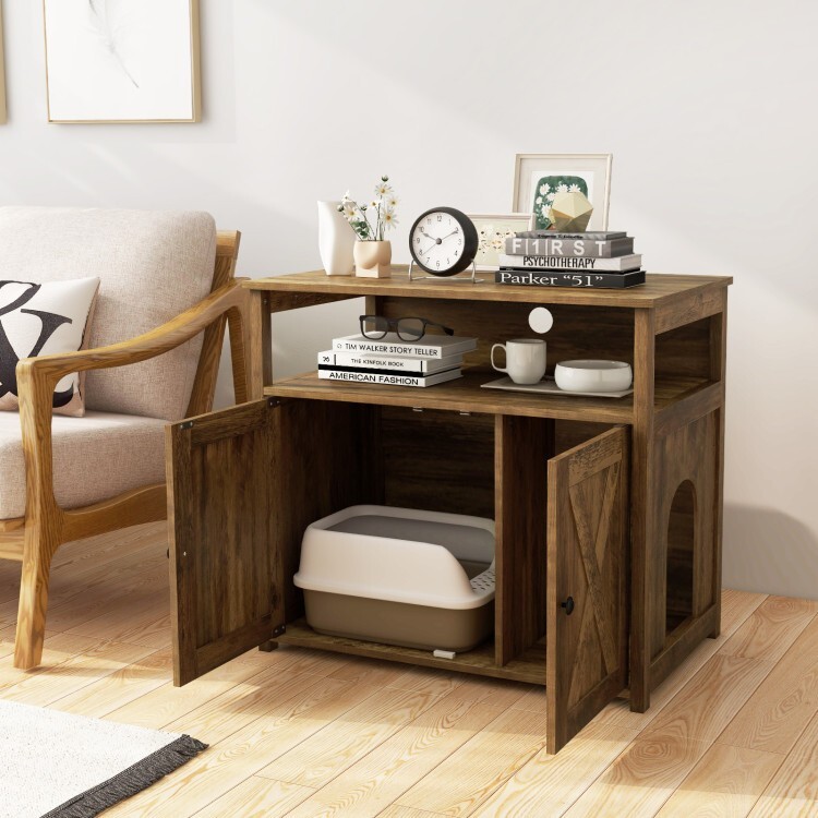 Cat Litter Box Enclosure Entry Box Barn Doors Side Table Divider W/Storage Shelf