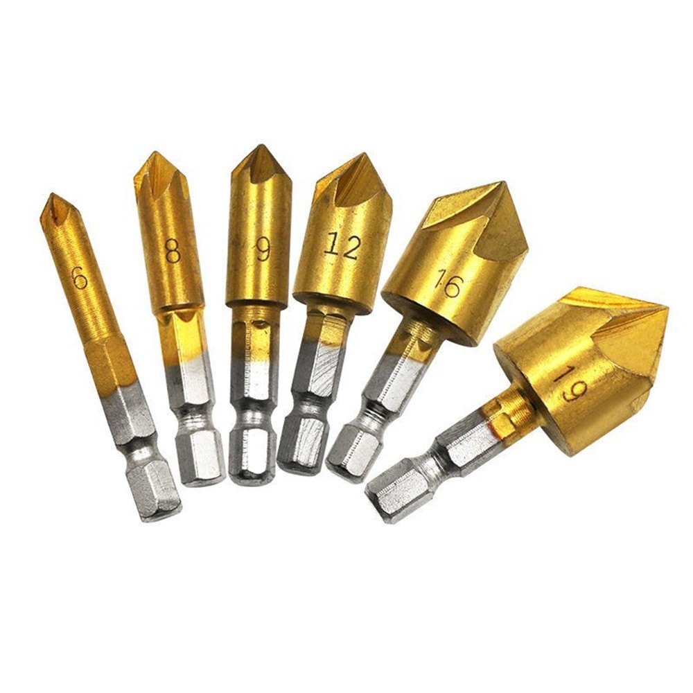 6Pack 1/4" Hex Shank Countersink Tool Drill Bit Set 6mm-19mm Sink Chamfer Cutter