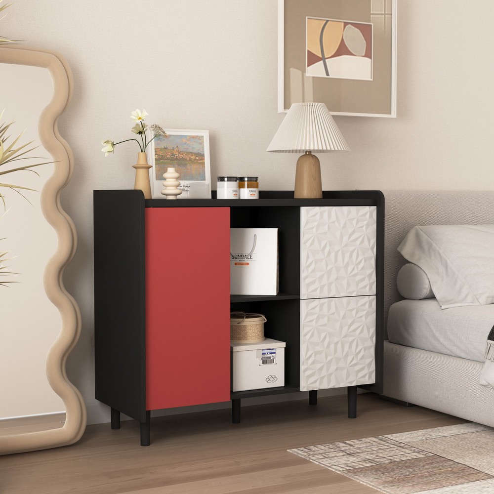 Sideboard Buffet Cabinet, Black Storage Cabinet with Red Doors , 2 Drawers wit