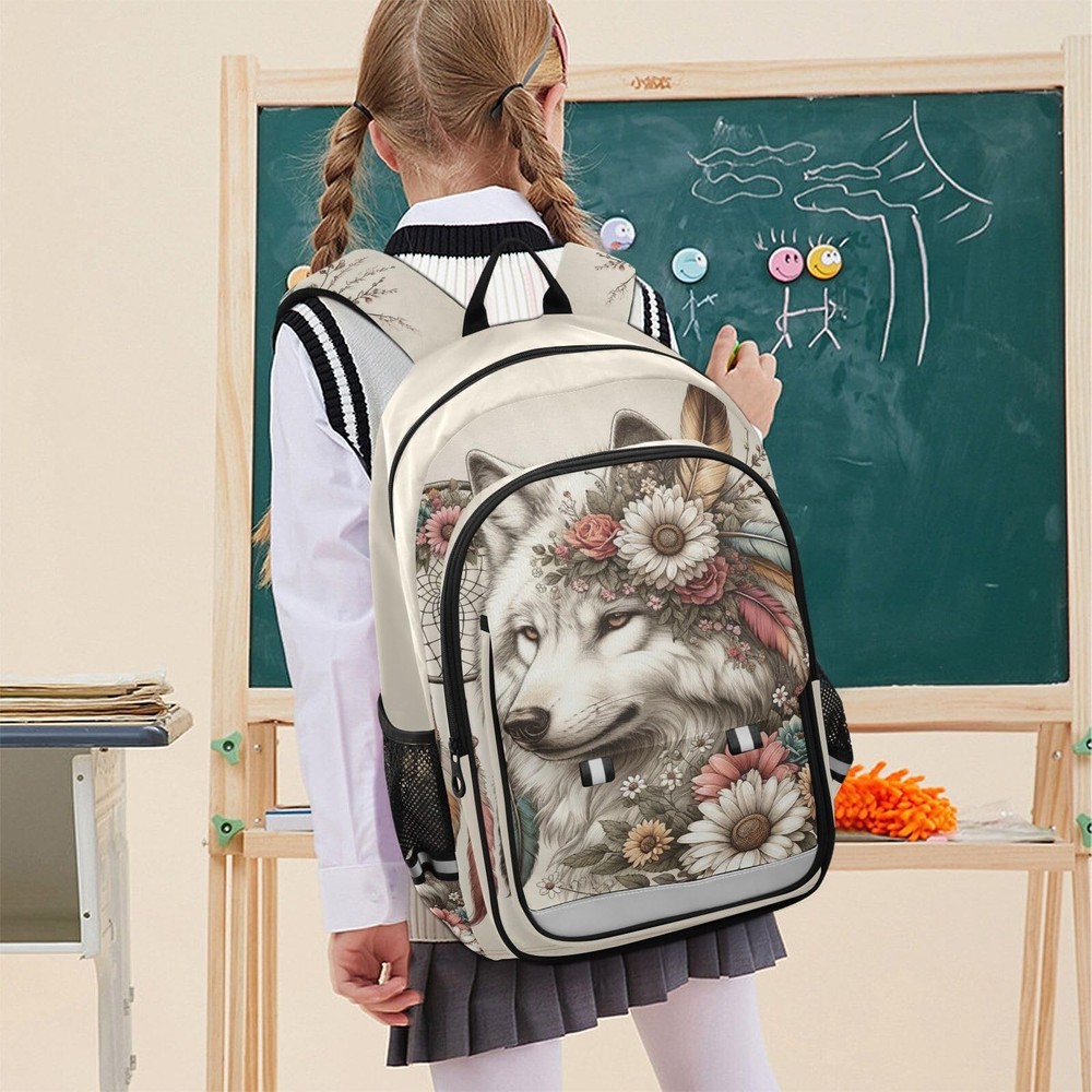 senya Wolf Backpack for Boys Girls, Flower Dreamcatcher Wolf Backpack Student...
