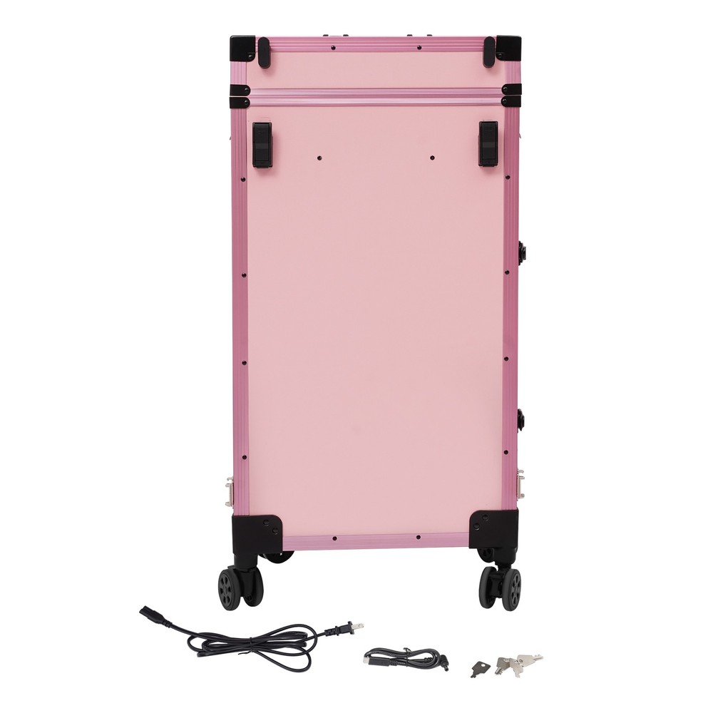 Rolling Makeup Case With Mirror Light Bluetooth Speaker Black Pink Lockable