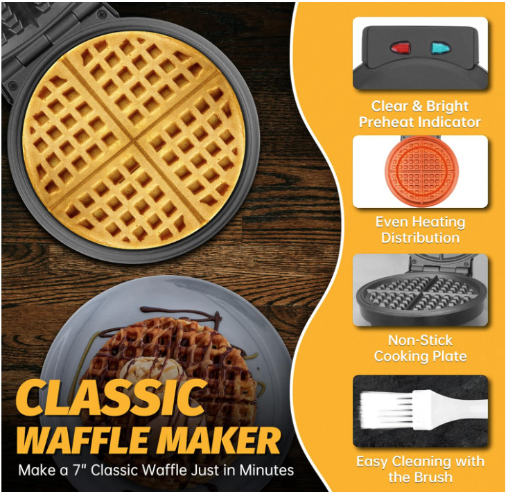 7 Inches Round Classic Waffle Maker Machine, Mini Waffle Maker, Non-stick