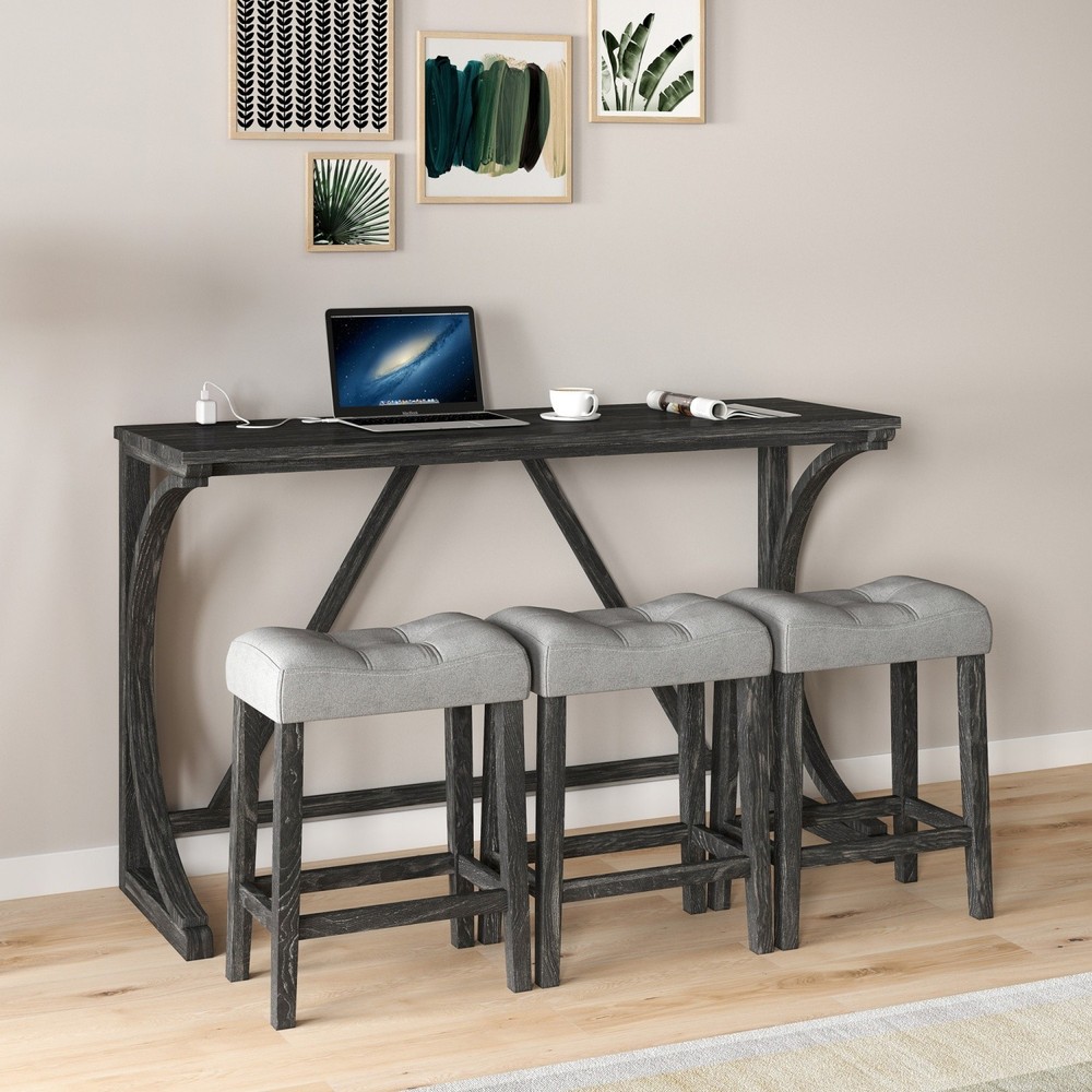 4 Piece Bar Table Set Kitchen Counter Height Table Dining Table w/ 3 Bar Stool
