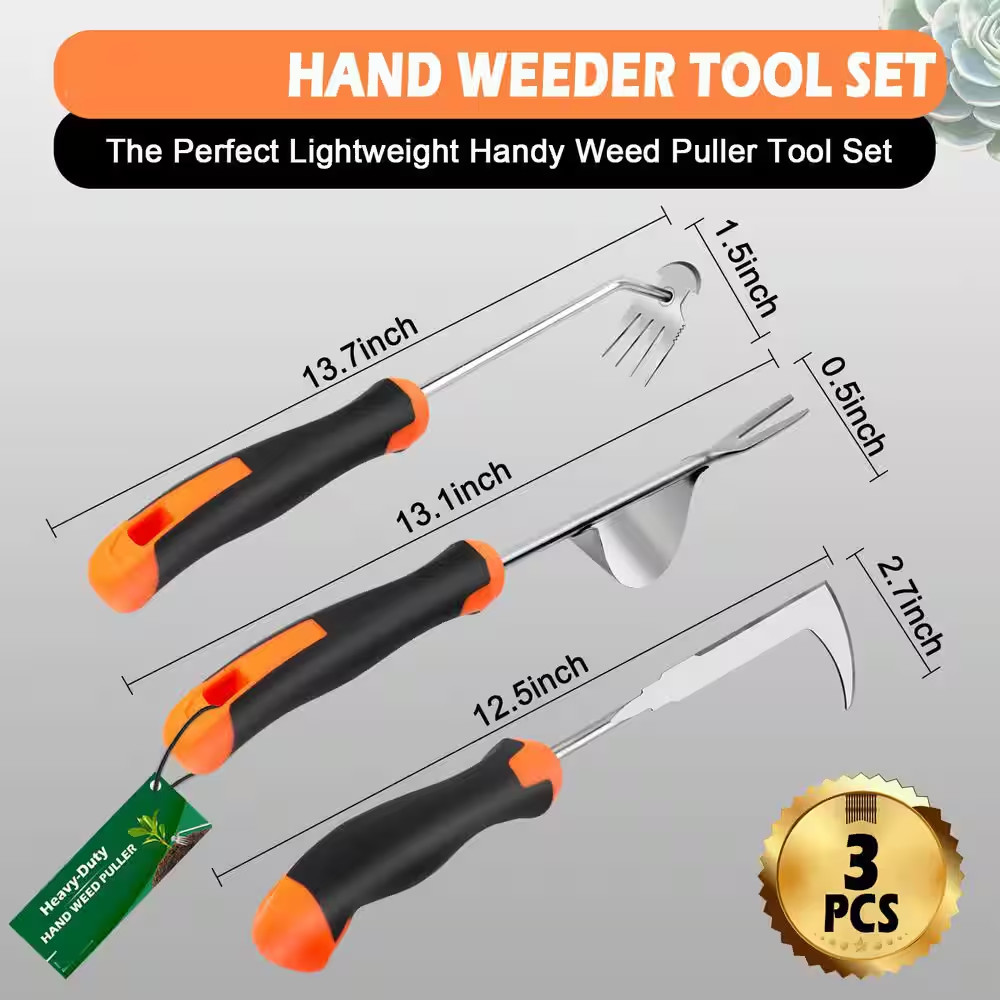 13 In. Weeder Manual Puller Tool Set 3 Pcs with Rubber Handle 4 Teeth Crack Upro