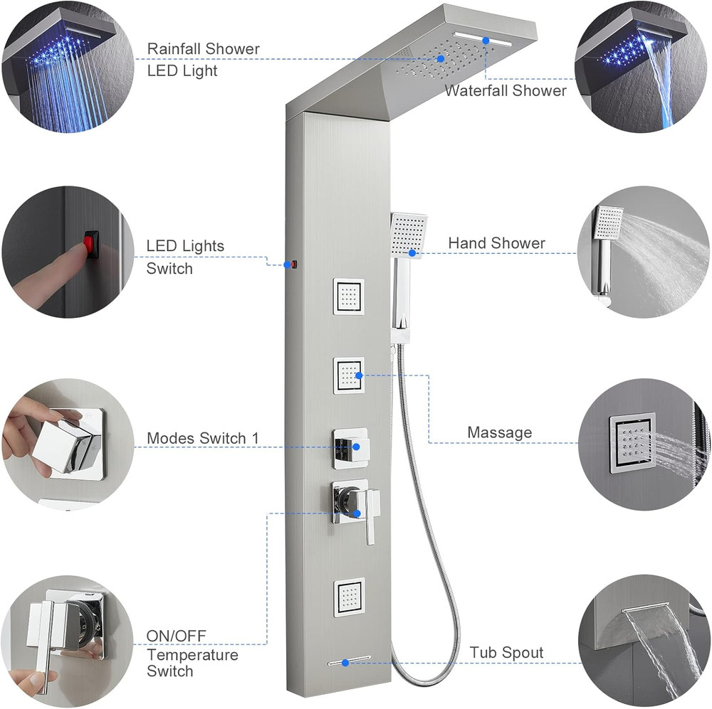LED Shower Panel Tower with Rainfall, Massage Spray & Handheld Shower