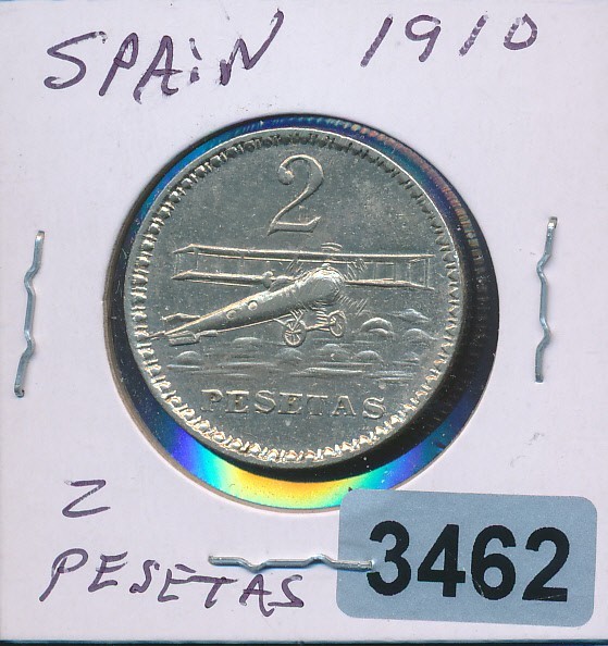 SPAIN  - 2 PESETAS 1910 airplane - #3462