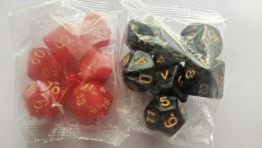 RPG Dice Set, "Fire & Stone" two 7pc sets + bag for D&D & roleplaying games
