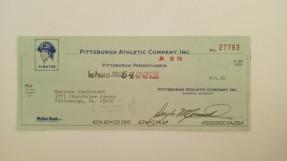 Earlene Zientarski: 1978 Pittsburgh Pirates Expense Check