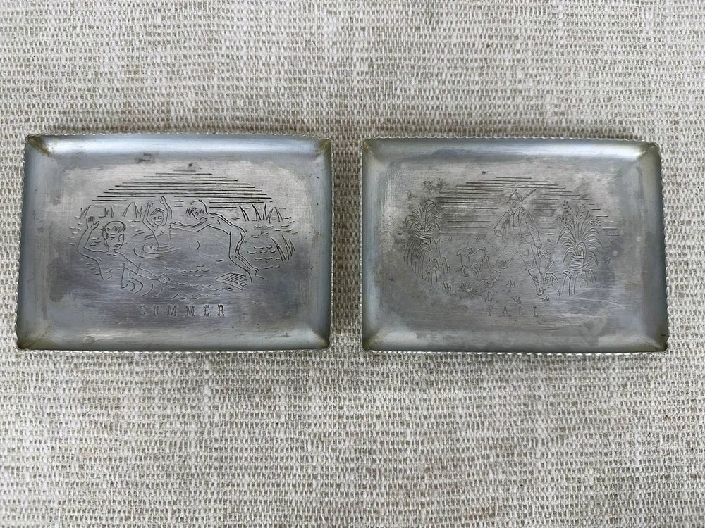 Vintage Silver Plate Coasters Set 2 Engraved Summer Fall Scenes 037 602