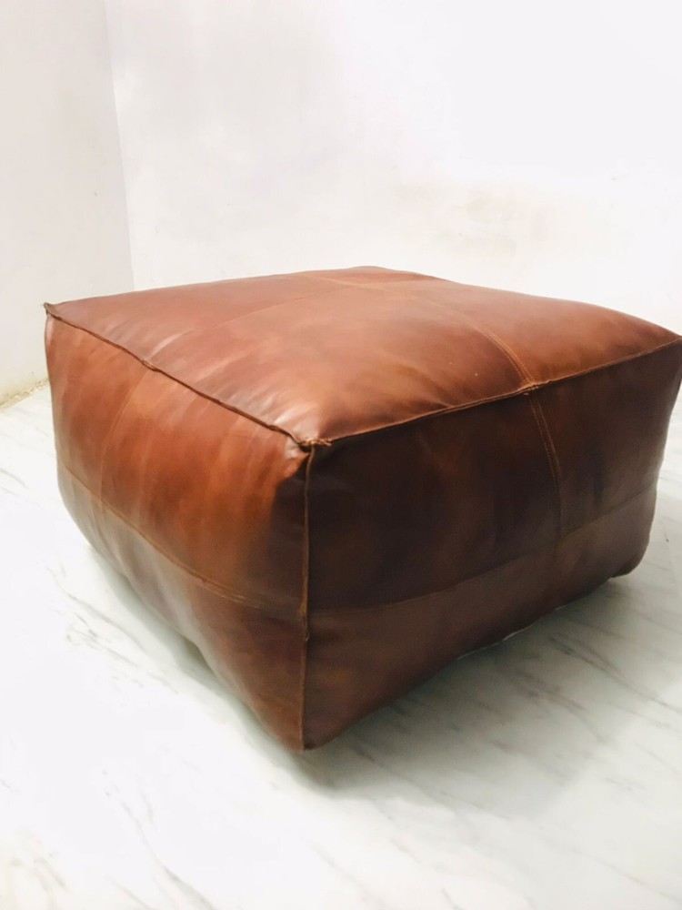 Moroccan Pouf Leather Square Light Ottoman Genuine Brown Pouffe Handmade