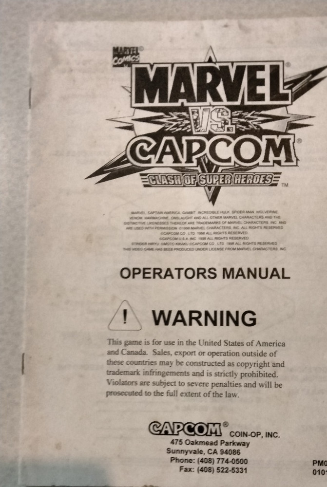 Marvel VS. Capcom Clash Super Heroes Operators Manual Arcade Original
