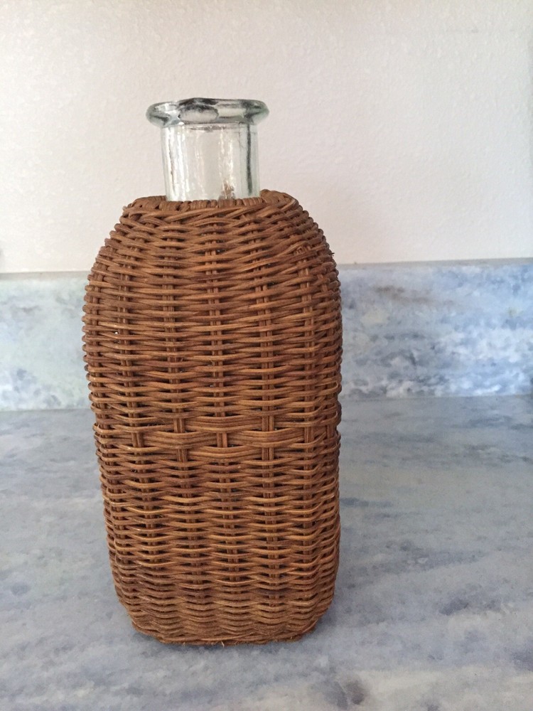 Antique Wicker Covered Square Spouted Bottle Unusual